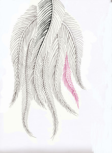How far I got on my fabric design. It would be a repeat, using my love of all things feathery, the pink feather being me sticking out from everyone else.